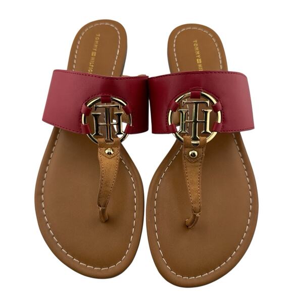 Tommy Hilfiger Women's Sia Red Thong Sandal Gold Tone Hardware Size 8.5M NWB - Picture 1 of 16